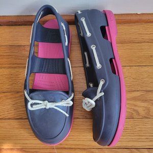 Crocs 9 Blue Pink Boat Shoes Loafers Rawhide Tie Rubber‎ Comfort